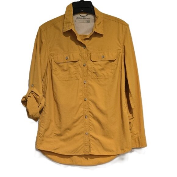 EDDIE BAUER WOMEN'S MOUNTAIN RIPSTOP HIKING SHIRT CONVERTABLE SLEEVE XS MUSTARD - Picture 11 of 11